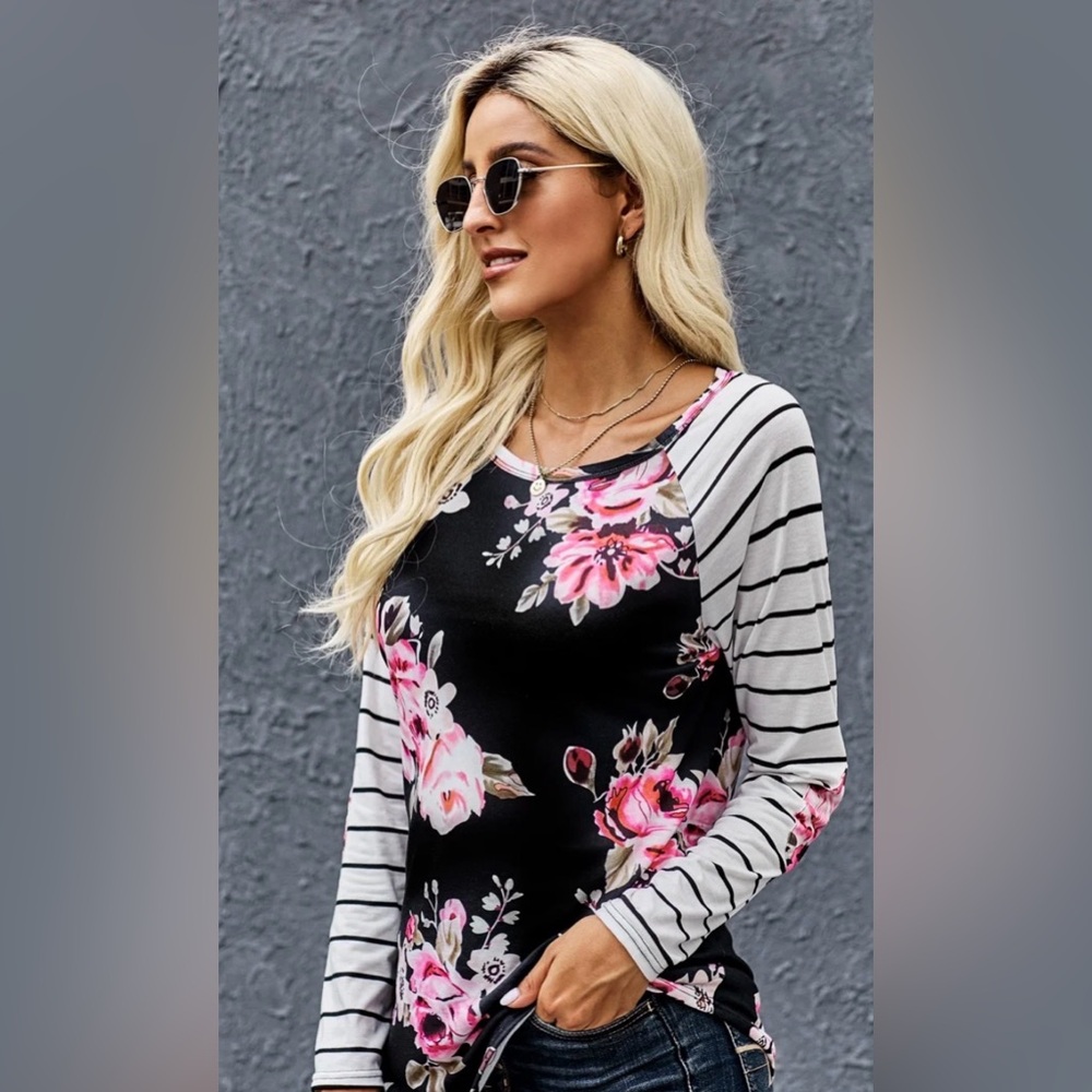 Floral and Striped Long Sleeve Top
